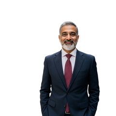 Portrait of a smiling professional man in a navy suit with a red patterned tie
