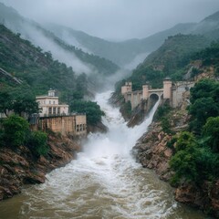 Majestic waterfall cascading through lush mountains under cloudy sky