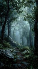 Fototapeta premium Misty Forest Pathway Surrounded by Lush Greenery and Rocks