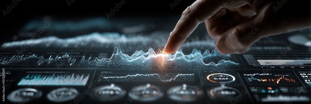 Poster hand interacting with data visualization on a digital touchscreen