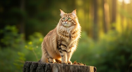 Majestic long-haired tabby cat with bright green eyes sits on a tree stump in a sun-drenched forest.
