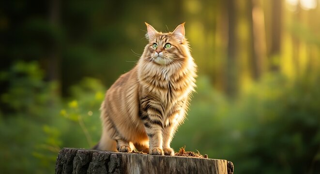 Majestic long-haired tabby cat with bright green eyes sits on a tree stump in a sun-drenched forest.