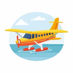 Bright Yellow Seaplane with Red Accents Gliding on Water with Clouds