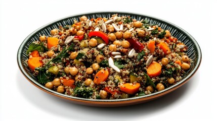 Wholesome Grain Bowl: A vibrant, appetizing grain bowl overflowing with colorful vegetables, hearty chickpeas, and nutritious grains.