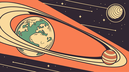 Planet Earth floating in space, old-style cut-and-paste art in dark orange black background vector illustration. 