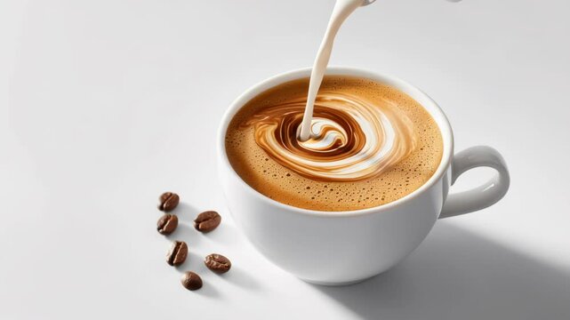 Coffee oat milk. White cup of hot coffee with milk poured creating creamy swirl, surrounded by scattered coffee beans on clean white surface beverage