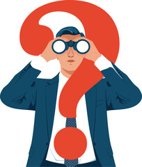 A man in a suit looking through binoculars with a large question mark behind him and on tie