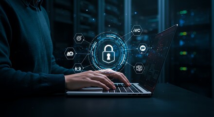 Cyber Security Professional Working on Laptop with Data Protection Interface