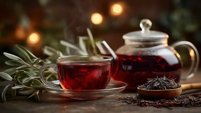 A glass cup of red tea sits on a wooden table next to a teapot. Dried tea leaves and olive branches are nearby. Soft lights create a warm atmosphere