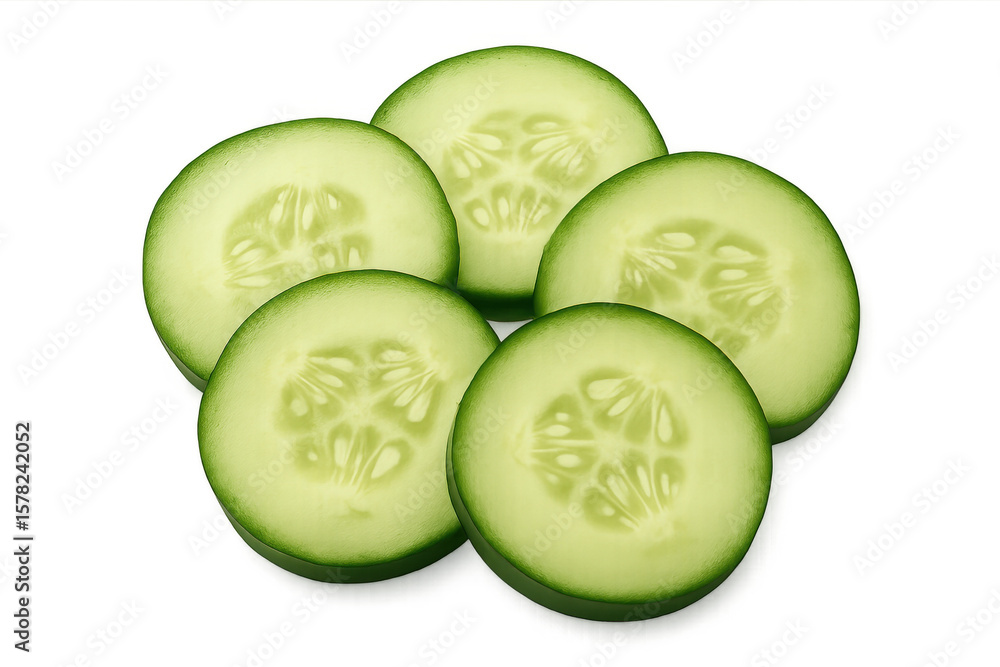 Poster crisp cucumber slices revealing intricate seed patterns and translucent inner structure against pris