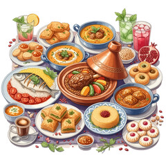 Fototapeta premium Lavish Moroccan Feast: Tagine Baklava and More.