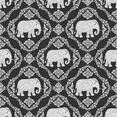 Hand drawn an Elephant abstract floral embroidery Thai traditional pattern vector illustration design.