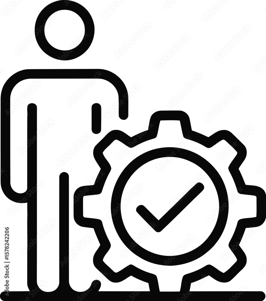 Fototapete a simple line drawing of a person standing next to a gear with a checkmark inside of it