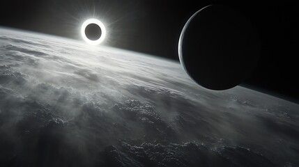 Cosmic eclipse celestial bodies over a cloudscape