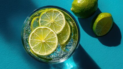 Refreshing citrus beverage with fresh lime slices in a glass on vibrant blue background with whole and cut limes