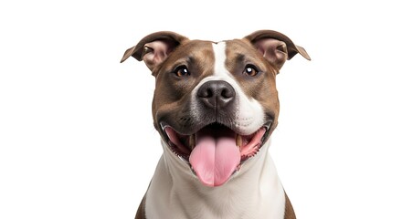 Happy American Staffordshire Terrier dog with open mouth and tongue out isolated on white background portrait