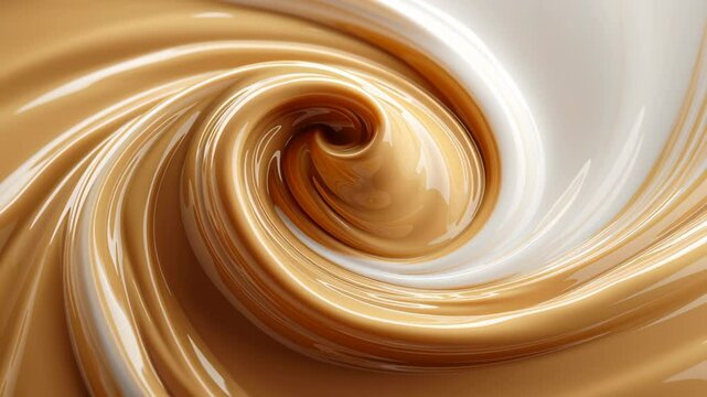 Coffee oat milk. Cream swirl with smooth glossy texture in beige and white tones creating dynamic abstract pattern and rich liquid motion evoking warmth and indulgence