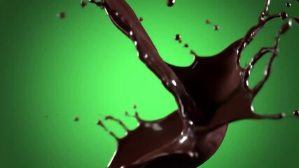 Dynamic chocolate splash against a vibrant green backdrop.