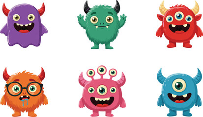 Cartoon funny colorful monsters set, cute fantasy aliens collection, kids illustration design, adorable creature clipart, isolated on white background