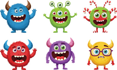 Funny cartoon colorful monsters set, cute alien characters collection, happy fantasy creatures, kids vector illustration, isolated on white background design
