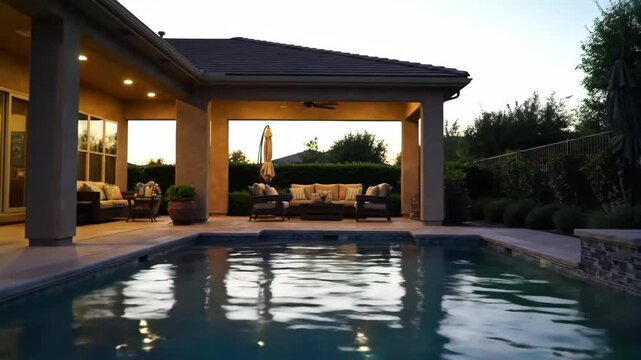 A tranquil backyard scene with a pool and comfortable seating.