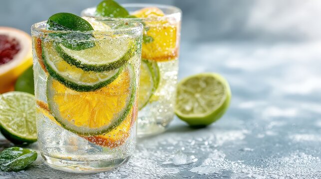 Refreshing citrus flavored sparkling water with slices of lime lemon and orange in clear glasses on icy surface