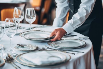 Elegant table setting in a fine dining restaurant with a server arranging plates and glassware