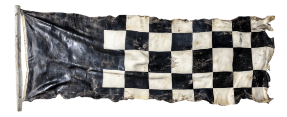 A worn checkered racing flag on a pole, isolated on white isolated on transparent background