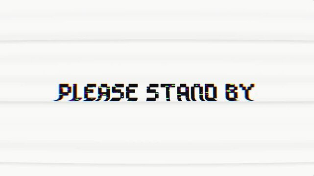 Animated Please Wait message with retro pixelated font and authentic glitch VHS effect. 4K loop perfect for broadcast interruptions, technical difficulties, gaming streams, or nostalgic transitions.