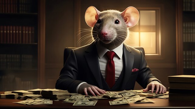 A rat in a suit signs an official document at a luxury desk. Surrounded by cash and law books. Symbol of corruption and political power.