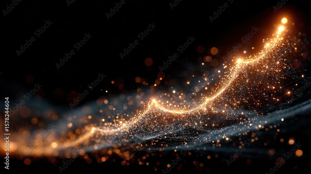 Poster glowing particles and sparkling lines in dark background