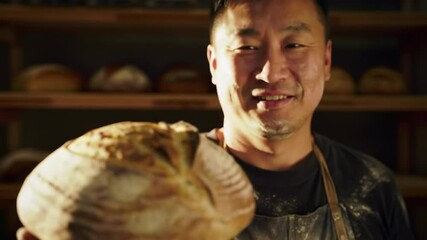 A cheerful baker proudly holds a fresh loaf of artisan bread.