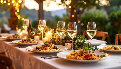 Outdoor dining table set for pasta dinner