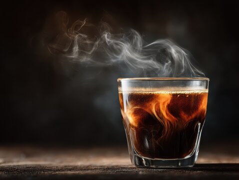 Close-up of hot steaming black coffee in a clear glass with swirling steam rising on dark rustic background