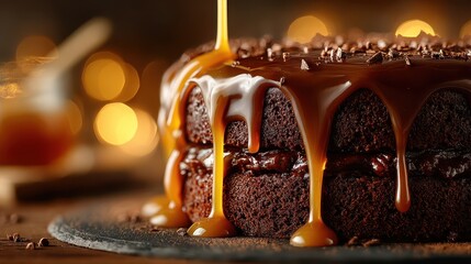Delicious moist chocolate cake with rich caramel sauce and shiny chocolate glaze for dessert