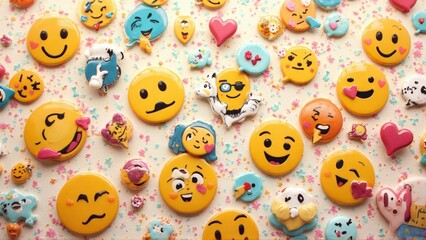 Obraz premium A colorful and vibrant collection of emoji-themed cookies and candies scattered across a speckled surface, showcasing various expressions and designs.