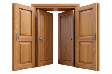 Four wooden doors open in a hallway showing a dark space beyond isolated on transparent background