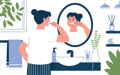 Illustration of a woman brushing her teeth in front of a mirror in a bathroom setting