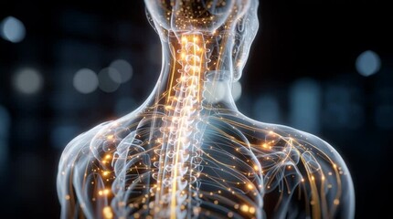 The intricate network of the human nervous system illuminated with golden light highlighting its complexity and beauty, horizontal video - Powered by Adobe