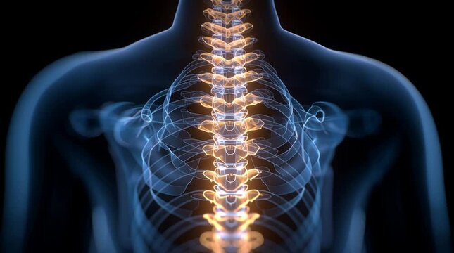 Anatomical illustration of the human spine highlighting the cervical and thoracic vertebrae in a glowing effect, horizontal video