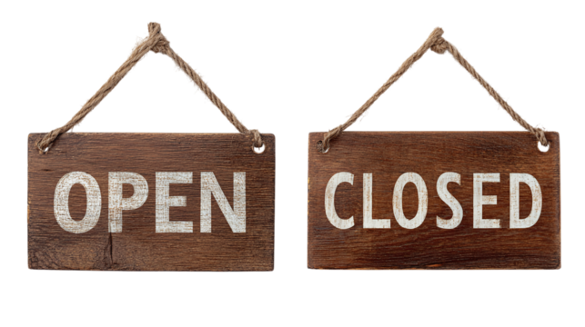 Wooden open/closed signs for café or shop use, isolated on tranparent background 