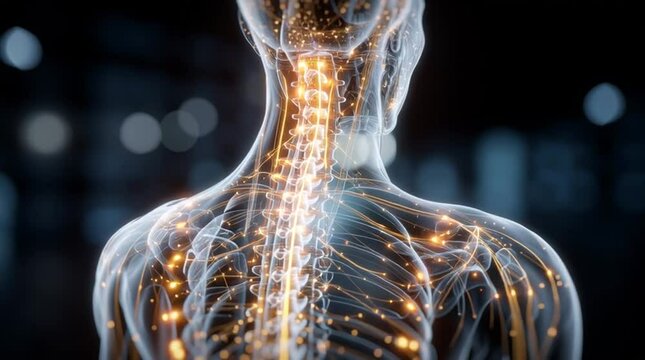 The intricate network of the human nervous system illuminated with golden light highlighting its complexity and beauty, horizontal video