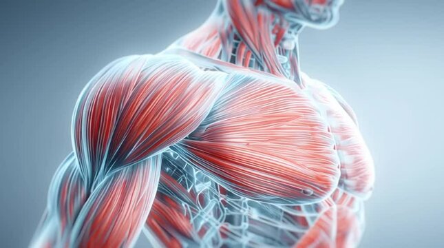 Anatomical illustration of human muscles highlighting the intricate network of fibers and connective tissues in the upper body, horizontal video