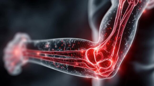 Anatomical illustration of a human arm with highlighted bones and muscles showing the elbow joint in detail, horizontal video