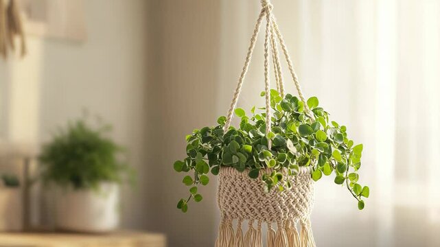 Lush green plant hanging in macrame basket, adding touch of nature to home decor