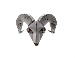 Striking origami ram's head showcases intricate paper folding art on a stark transparent background, making it an eye-catching design.