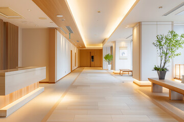 現代的で洗練された和風ホテルの開放的な廊下空間