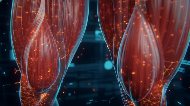 Visualizing the intricate network of muscles and nerves in human legs with glowing red and blue highlights, horizontal video