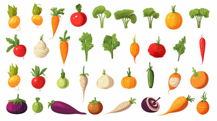 Flat vegetable icon collection featuring 30+ colorful fresh vegetables like carrots, tomatoes, broccoli, and onions. Isolated on white background, perfect for healthy food, nutrition, or cooking desig