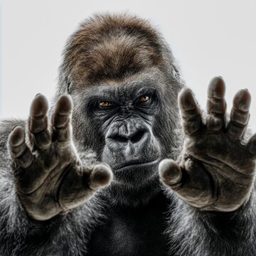 gorilla holding out both hands in stop gesture sharp shadow intense focus white background
